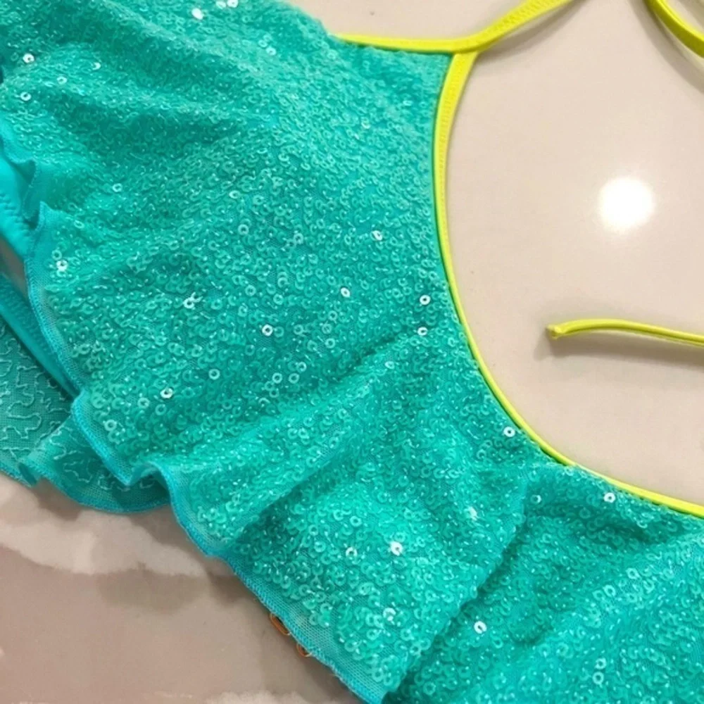 Victoria’s Secret Mint Green Sequins Halter Ruffle Bikini Top